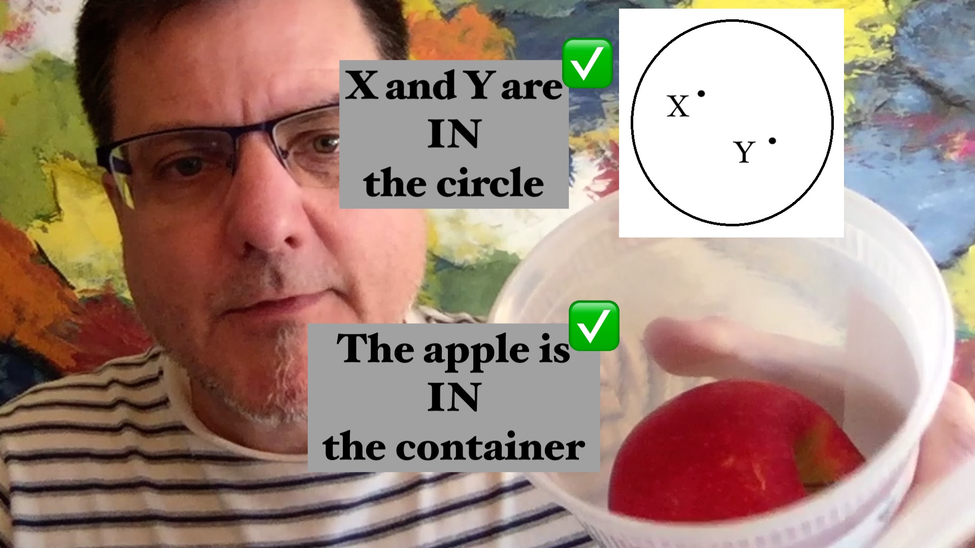 an apple in a container, text: The apple is in the container; circle with X and Y in it, text: X and Y are in the circle